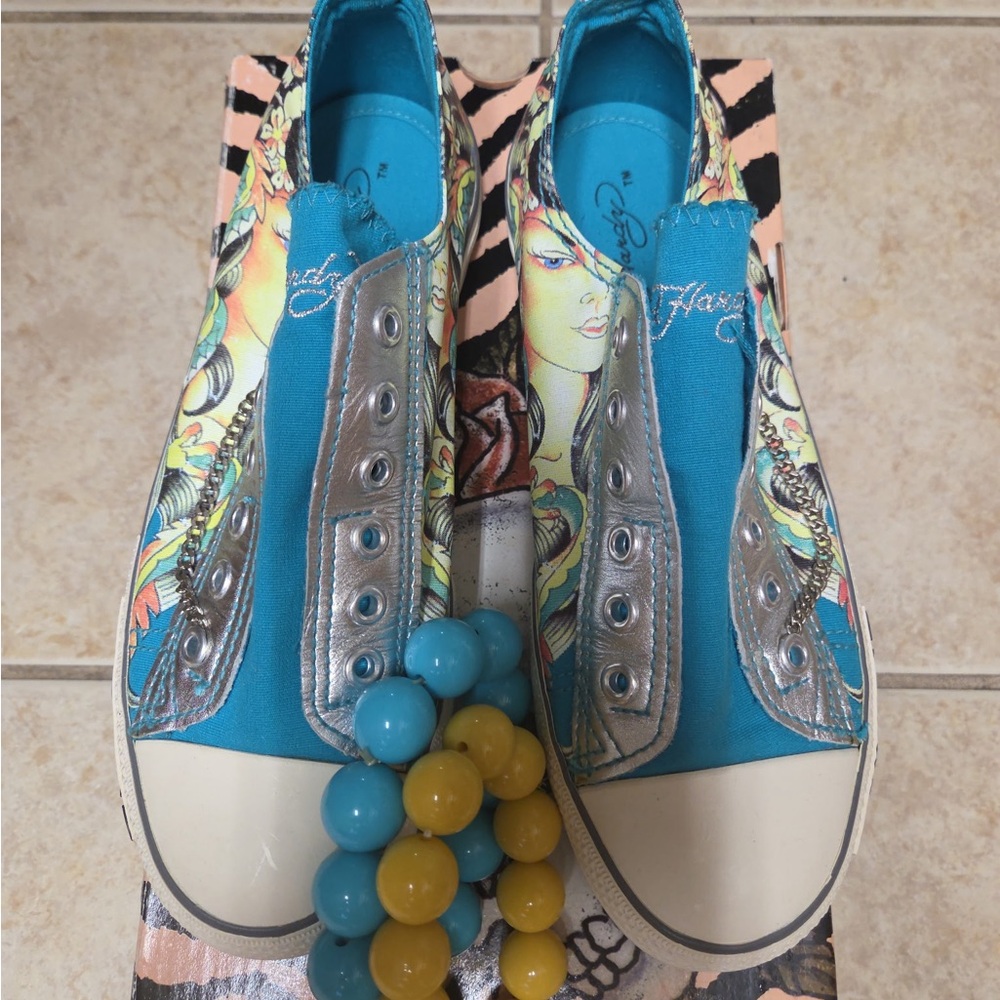 Ed Hardy women’s canvas Teal Floral Slip-On Sneakers Y2K brand New - Picture 3 of 6